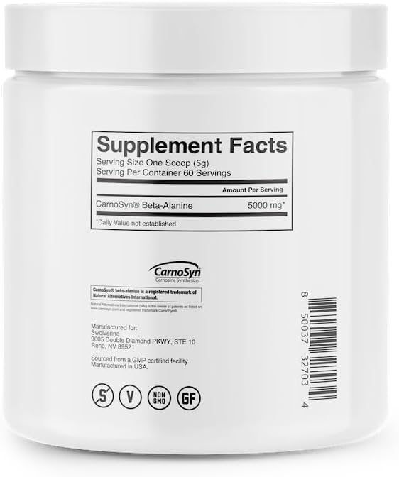 Swolverine Beta-Alanine | CarnoSyn, Instant-Release Amino-Acid, Delays Muscle Fatigue, Increases Muscular Endurance, Unflavored, 5g Per Serving, 300g (60 Servings)