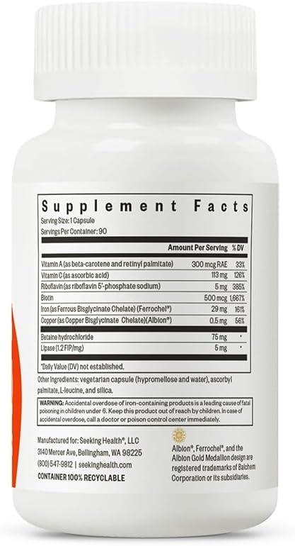 Seeking Health Optimal Iron with Cofactors, as Ferrochel Ferrous Bisglycinate, Vitamin A and C Cofactors, Digestive Enzymes for Optimal Iron Absorption, Vegan and Vegetarian (90 Capsules)*