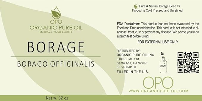 OPO Borage Seed Oil - 32 oz - Pure Unrefined Non GMO, High GLA, Bulk Natural Carrier Oil Moisturizer for Skin Hair Nails Body Soaps DIY & More - Liquid Borago Virgin Vegan