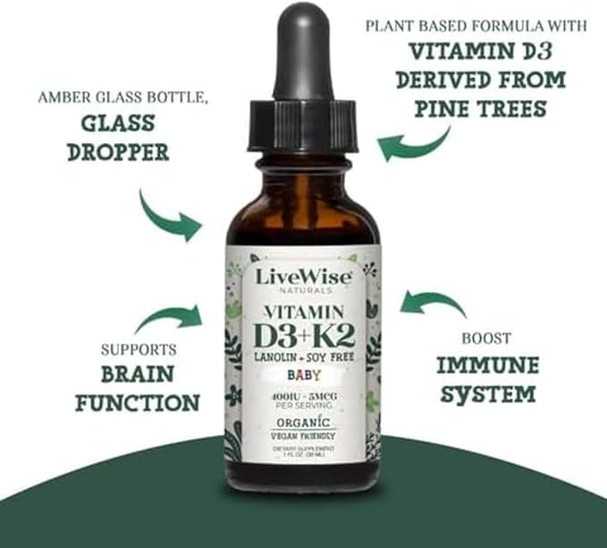 Baby Vitamin D3-K2 Liquid Supplement, Vitamin Drops for Infants and Toddlers, for Healthy Growth, Development and Daily Wellness, Easy-to-Use Dropper in Glass Bottle, 1 Fl Oz