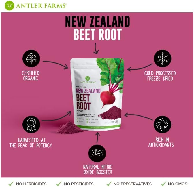 Antler Farms - 100% Pure Organic New Zealand Beet Root Powder, 40 Servings, 200g - Freeze Dried, Raw, Vegan, Gluten Free, Naturally Rich in Nitrates for Performance & Vitality