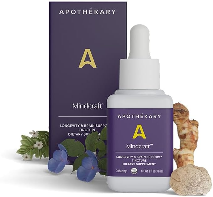 Apothékary Mindcraft Tincture, Cognition & Focus, Longevity and Anti-Aging Herbal Supplement, Brain Health Support, Vegan, 30 Servings