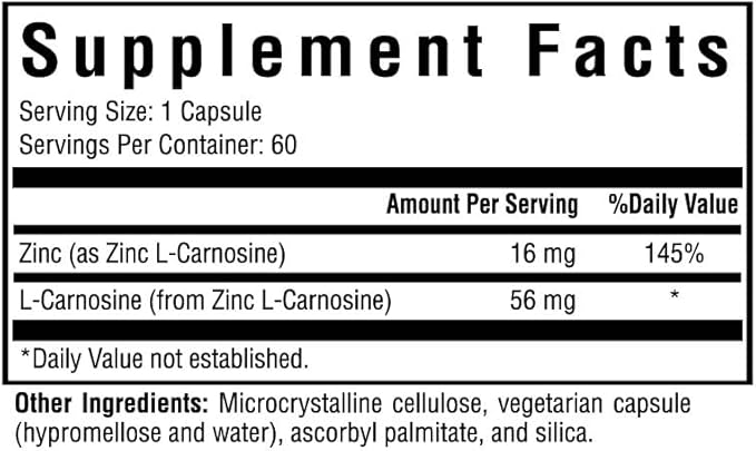 Seeking Health Zinc Carnosine, 16 mg Zinc L-Carnosine, Supports Healthy Immune System and Digestive Health, Antioxidant, Vegetarian and Vegan (60 Capsules)*