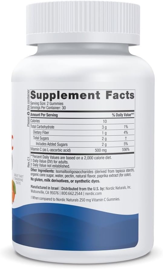 Nordic Naturals Vitamin C Extra Strength Gummies - Tangerine Flavor - 60 Gummies - 500 mg Vegan Vitamin C Supplement - Low-Sugar Immune - Support - 30 Servings
