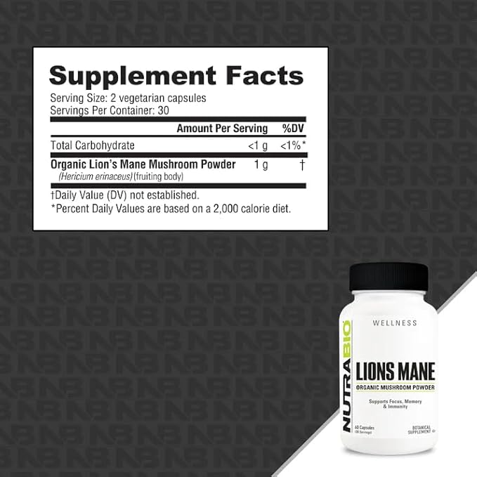 NutraBio Lions Mane Supplement Capsules- Organic Lion's Mane Mushroom Powder (500mg)- Focus, Memory, Immunity - 60 Vegetable Capsules