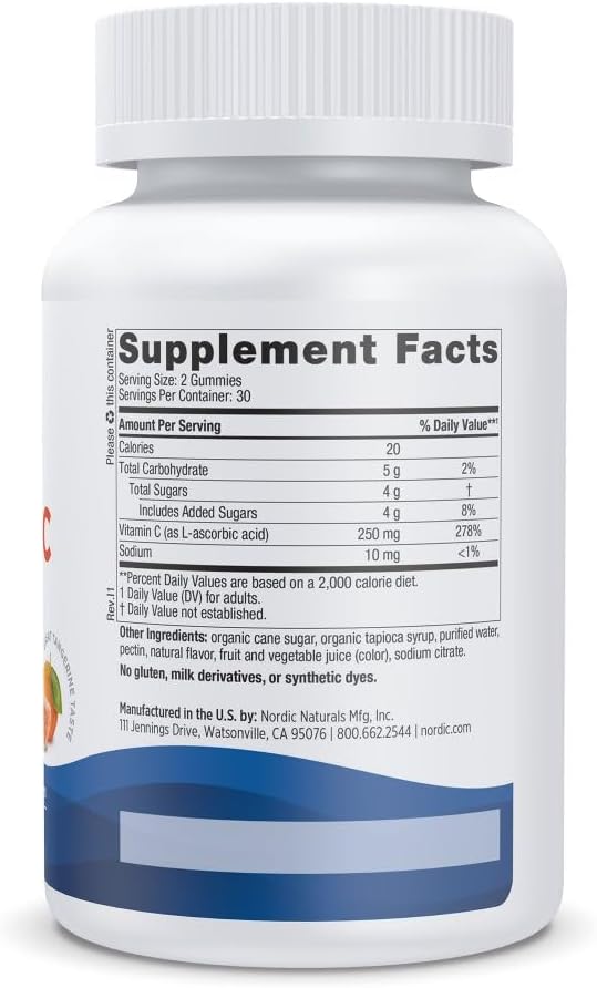 Nordic Naturals Vitamin C Gummies, Tart Tangerine - 60 Gummies - 250 mg Vitamin C - Immune Support, Antioxidant Protection, Child Growth & Development - Non-GMO, Vegan - 30 Servings