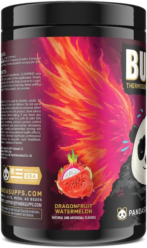 Panda Burn MAX Enhance Your Strength, Energy, Focus with Dual Source Caffiene (350mg), Alpha GPC, and MitoBurn®(Dragonfruit Watermelon)(25 Servings)