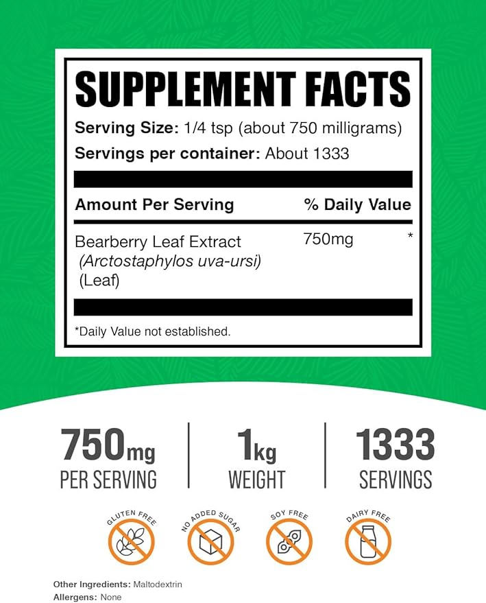 BulkSupplements.com Bearberry Leaf Extract Powder - Uva Ursi Extract, Herbal Supplement - Vegan & Gluten Free, 750mg per Serving, 1kg (2.2 lbs) (Pack of 1)