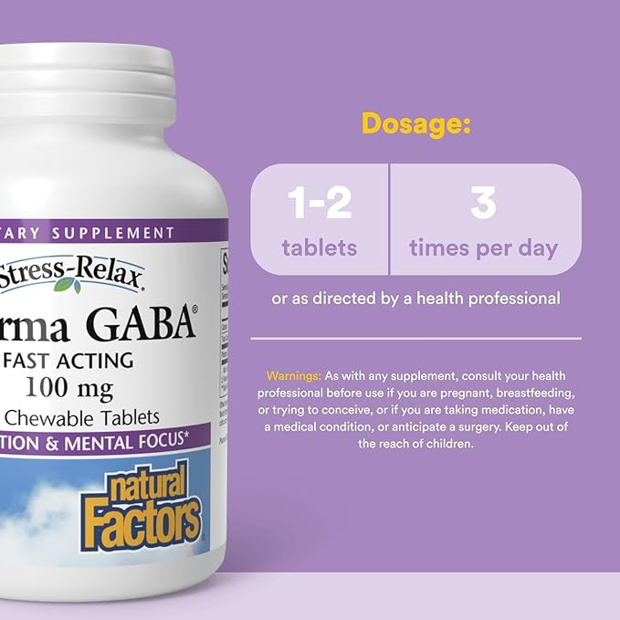 Natural Factors Stress-Relax Chewable Pharma GABA 100 mg, Non-Drowsy Stress Support for Relaxation and Mental Focus, Tropical Fruit Flavor, 60 Tablets