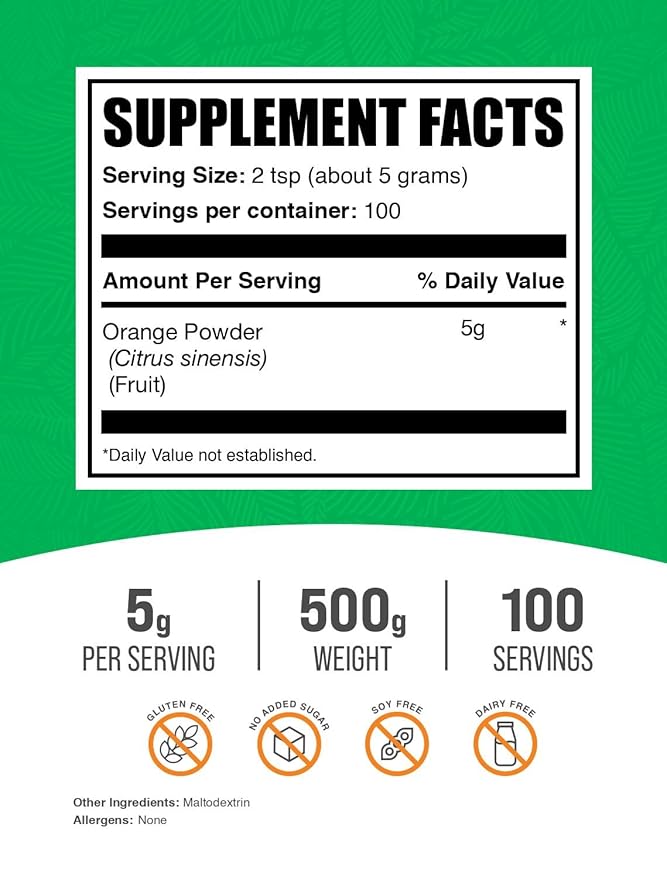 BulkSupplements.com Orange Powder - Orange Fruit Powder, Nutrient-Rich Flavoring - Gluten Free, 5g per Serving, 500g (1.1 lbs) (Pack of 1)
