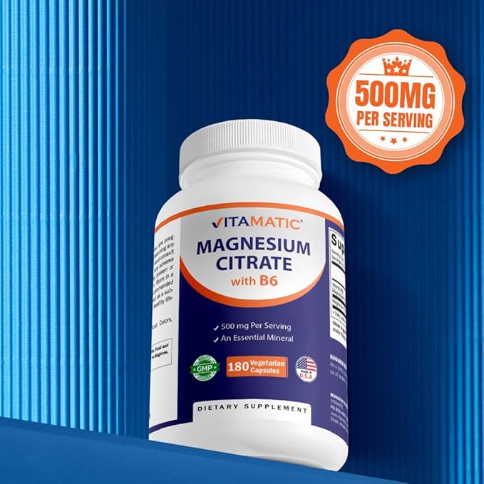 Vitamatic Magnesium Citrate 500mg per Serving - 180 Vegetarian Capsules (Provides 150 mg of Elemental Magnesium) - Added B6 for Maximum Absorption - Supports Muscle, Joint, and Heart Health*