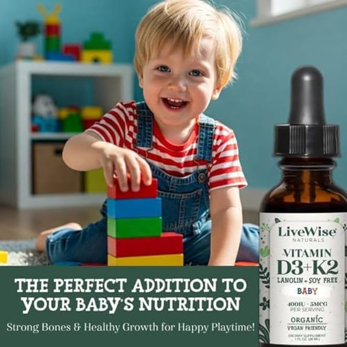 Baby Vitamin D3-K2 Liquid Supplement, Vitamin Drops for Infants and Toddlers, for Healthy Growth, Development and Daily Wellness, Easy-to-Use Dropper in Glass Bottle, 1 Fl Oz