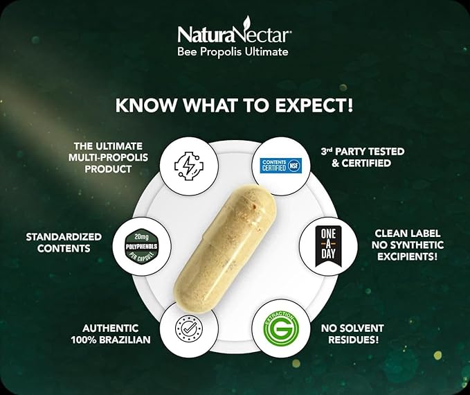 NaturaNectar - Ultimate Bee Propolis Capsules - NSF Contents Certified -Brazilian Red, Brown, & Green - Gluten-Free Supplement with Flavonoids - Naturally Sourced Through Ethical Beekeeping (60pcs.)
