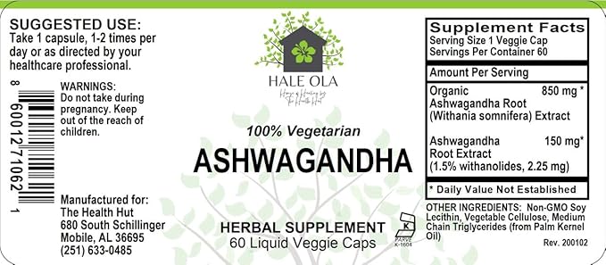 Organic Ashwagandha Capsules - Gluten-Free, Non-GMO & Kosher Certified - Ashwagandha Supplements for Immune Support, Stress, Mood, Anxiety Relief & Energy Support - 1000 mg, 60 Vegetarian Capsules