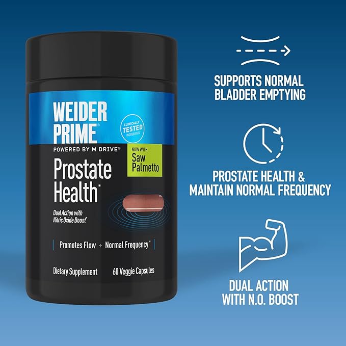 Weider Prime Prostate Health for Men, Saw Palmetto, Dual Action with N.O. Boost, Promotes Flow and Normal Frequency, 60 Veggie Capsules