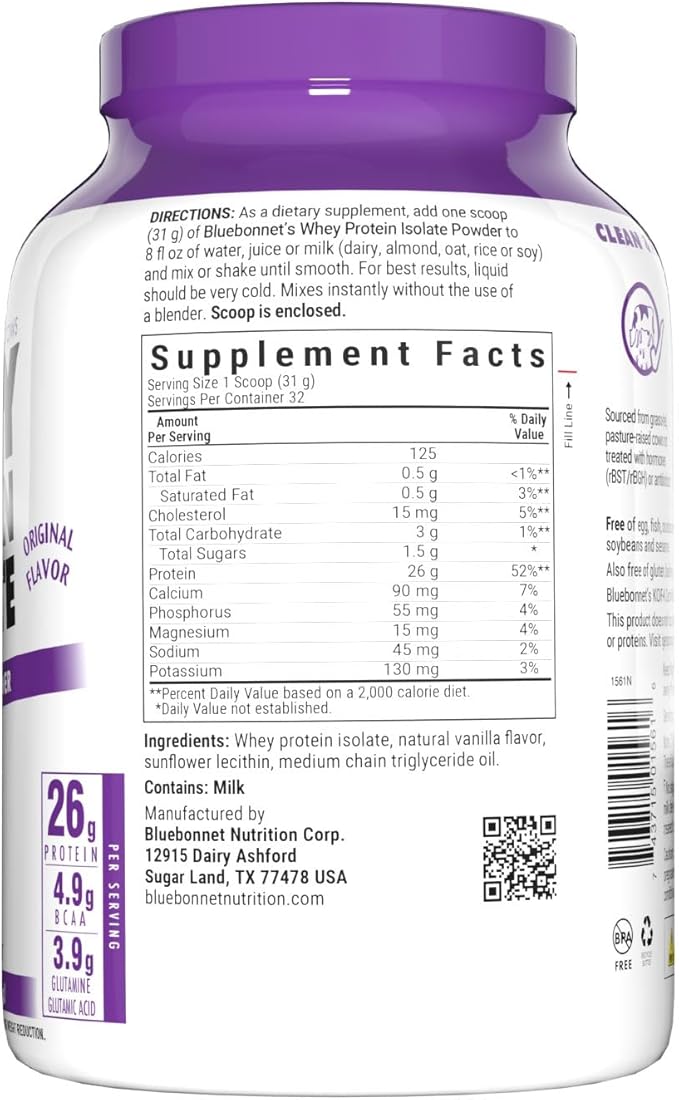 Bluebonnet Nutrition Whey Protein Isolate Powder, Whey from Grass Fed Cows, 26 Grams of Protein, No Sugar Added, Gluten Free, Soy Free, Kosher Dairy, 2.2 lbs, 32 Servings, Original Unflavored