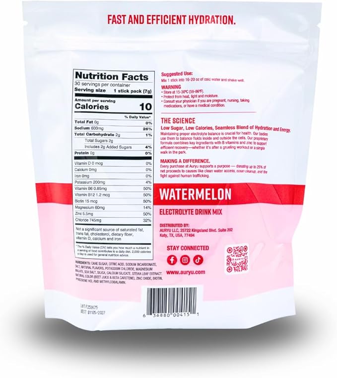 Electrolyte Drink Mix Watermelon – Hydration Powder with 600mg Sodium, Potassium, Magnesium, Zinc & B Vitamins – 30 Sticks
