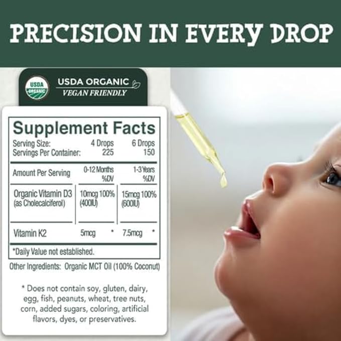 Baby Vitamin D3-K2 Liquid Supplement, Vitamin Drops for Infants and Toddlers, for Healthy Growth, Development and Daily Wellness, Easy-to-Use Dropper in Glass Bottle, 1 Fl Oz