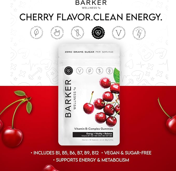 Barker Wellness Vitamin B-Complex Gummies | Energy & Metabolism Support | B1, B5, B6, B7, B9, B12 | Vegan, Sugar-Free | Cherry Flavor | 30 Gummies
