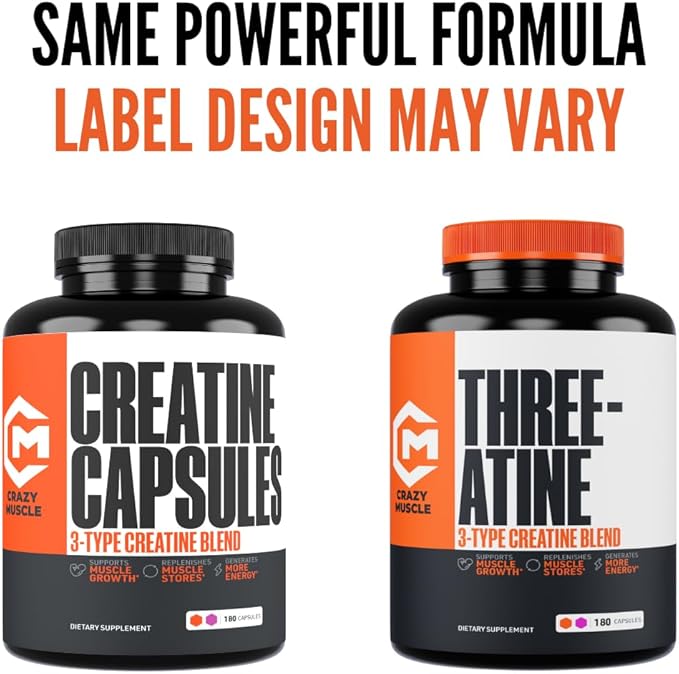 Creatine Capsules, 5g Premium 3X ThreeAtine Pre Workout Bulk Muscle Mass Gainer, High Absorption Easy to Take Creatine Monohydrate Pills Alternative Optimum Performance for Men Women, 180 Capsules