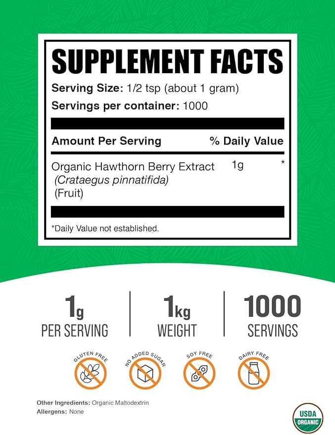 BulkSupplements.com Organic Hawthorn Berry Extract Powder - Hawthorn Berry Supplement - Herbal & Gluten Free, 1g per Serving, 1kg (2.2 lbs) (Pack of 1)