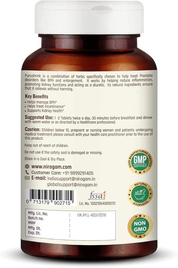 Purushrink Prostate Health Supplement for Men | Support Better Sleep and Urinary Health | Natural Ayurvedic Formula by Nirogam - 120 Tablets