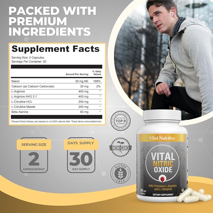 Vital Nitric Oxide Supplements for Men - Workout Booster Supplement for Men - Nitrous Oxide Boost Blood Flow, Blood Pressure, Energy & Workout Performance with L Arginine L Citruline-30 Days Supply