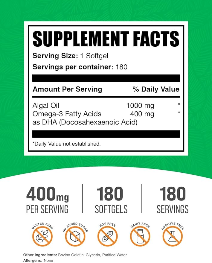 BulkSupplements.com Omega-3 Softgels - from Algal Oil, Algae Oil Omega 3 Supplement - Gluten Free, 1 Softgel per Serving, 180 Count (Pack of 1)