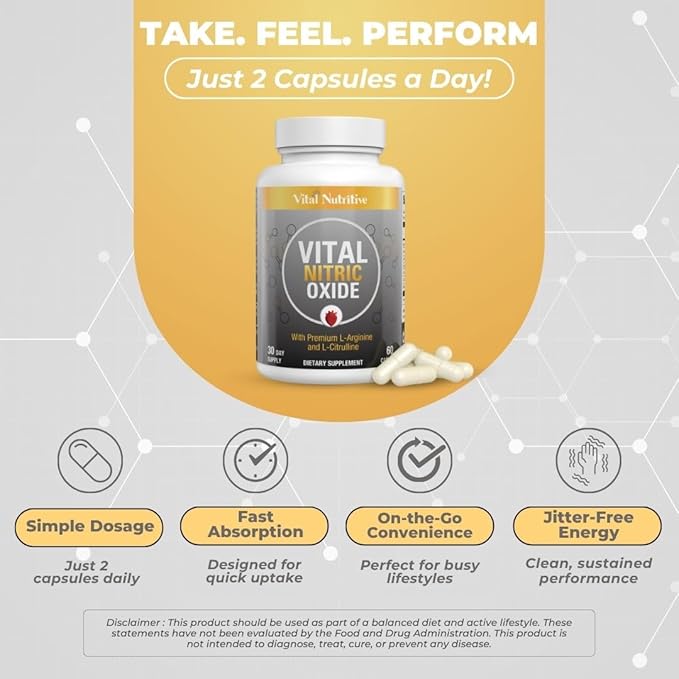 Vital Nitric Oxide Supplements for Men - Workout Booster Supplement for Men - Nitrous Oxide Boost Blood Flow, Blood Pressure, Energy & Workout Performance with L Arginine L Citruline-30 Days Supply