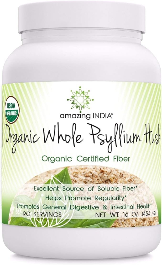 Amazing India USDA Certified Organic Whole Psyllium Husk Powder (Non-GMO) - Excellent Source of Soluble Fiber - Helps Promote Regularity - Promotes Intestinal Health (1 Lb)