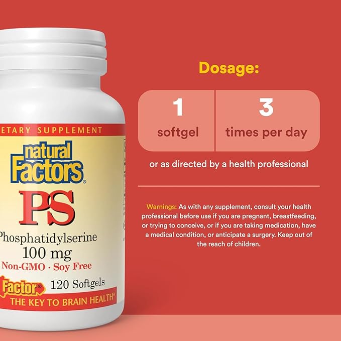Natural Factors, Phosphatidylserine, Support for Memory, Concentration and Brain Functions, Soy and Gluten Free, 120 Softgels
