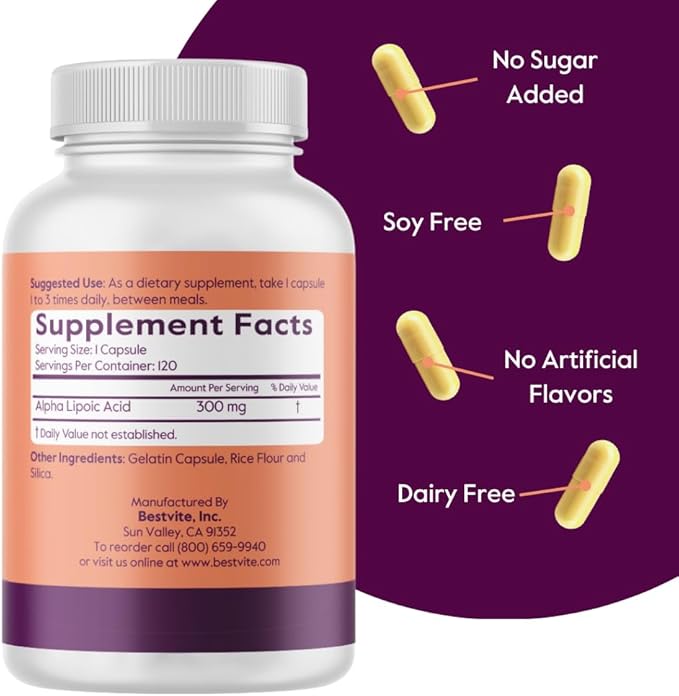 BESTVITE Alpha Lipoic Acid 300mg per Capsule (120 Capsules) No Stearate - No Flow Agents - Non GMO - Gluten Free