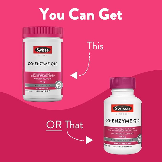Swisse CoQ10 Supplement Co-Enzyme Q10 | 6 months Supply| Coenzyme Q10 Supports Heart Health and Ubiquinol Cellular Energy Production | CQ10 Antioxidant Support| Co Q 10 Supplement 135mg | 180 Softgels