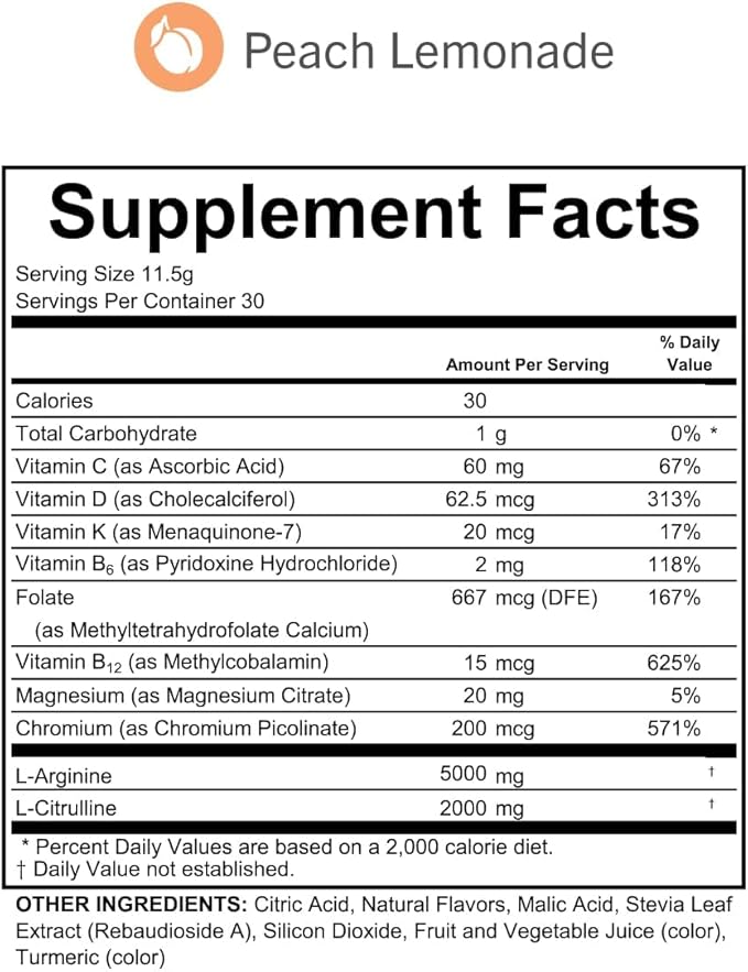 L-Arginine Complete, Peach Lemonade - 5000mg L Arginine, Nitric Oxide Booster, Natural Supplement, Increases Energy and Endurance