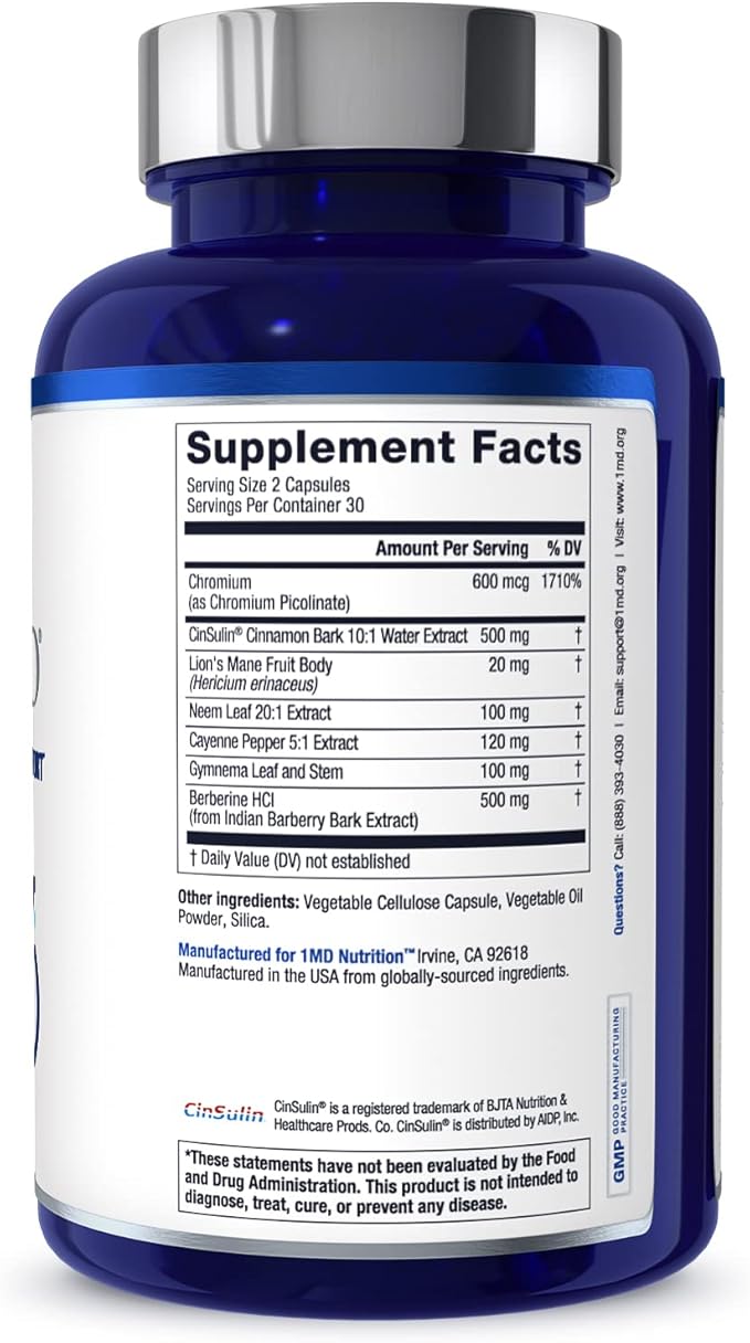 1MD Nutrition - Cinnamon bark 10:1 Water Extract, Chromium, Neem Leaf, Berberine, Cayenne Pepper 5:1 Extract, Lion's Mane, Gymnema Leaf and Stem - 60 Capsules