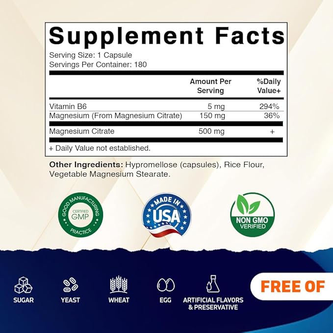 Vitamatic Magnesium Citrate 500mg per Serving - 180 Vegetarian Capsules (Provides 150 mg of Elemental Magnesium) - Added B6 for Maximum Absorption - Supports Muscle, Joint, and Heart Health*