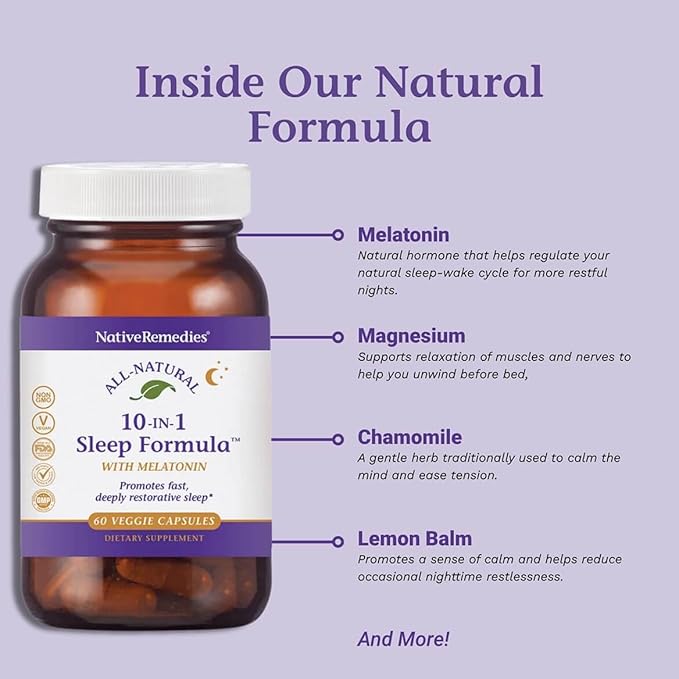 Native Remedies 10-in-1 Natural Sleep Aid for Adults & Kids 4+ – Herbal Sleep Supplement with Melatonin 5mg, Magnesium, Valerian Root, Chamomile & L-Tryptophan – Non-Habit Forming, Vegan, 60 Capsules