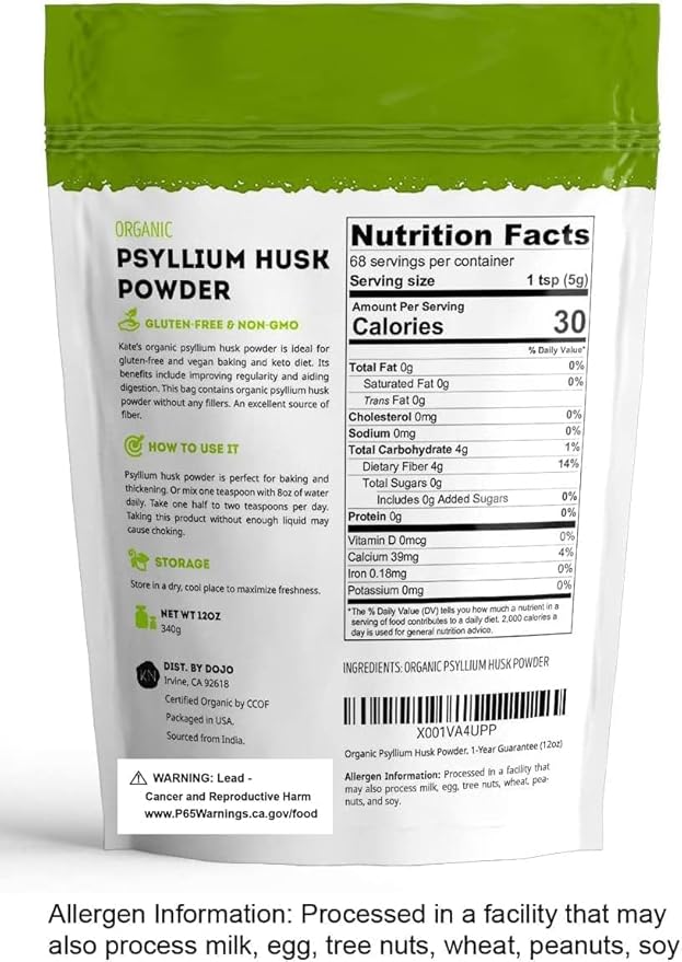 Kate Naturals Psyllium Husk Powder for Baking, Fiber & Digestion. Psyllium Seed Powder for Dogs & Cats (12oz, Organic, Gluten Free, Pet Safe)