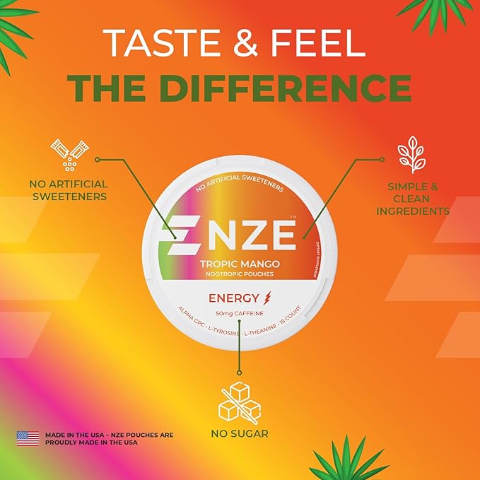 NZE Caffeine Nootropic Pouches (Tropic Mango) - Energy Pouches with 50mg Caffeine, Alpha GPC, L-Tyrosine & L-Theanine - No Sugar or Artificial Sweeteners - 15 Nicotine Free Pouches Per Can - 5 Pack