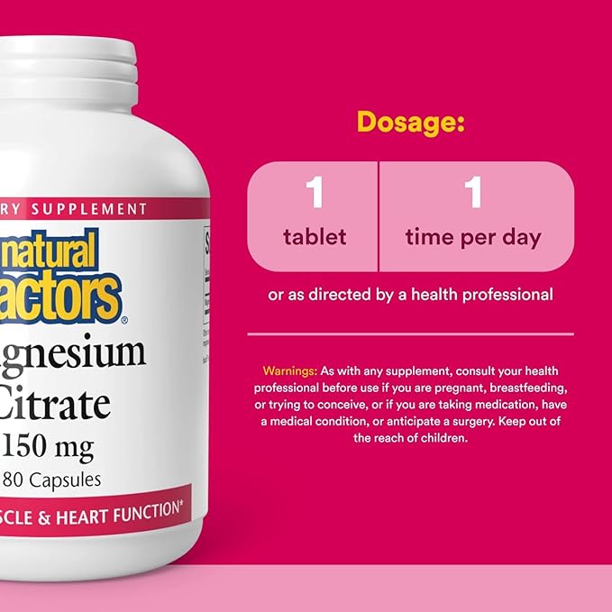 Natural Factors, Magnesium Citrate 150 mg, Muscle and Heart Health Formula, 180 Capsules