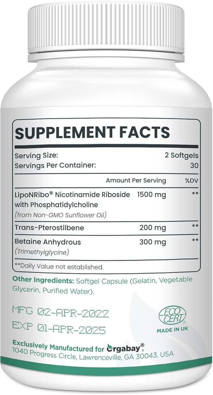 Orgabay Liposomal Nicotinamide Riboside 2000 MG with TMG and Pterostilbene, Boosting NAD+, Support Healthy Aging, 60 Count