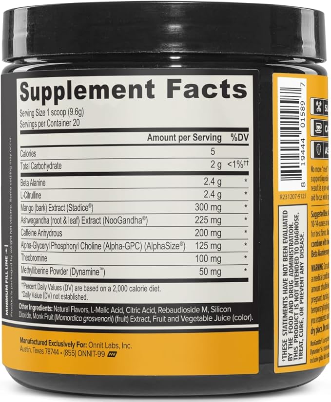 ONNIT Alpha Brain Pre-Workout Powder, Tiger's Blood Flavor, Pre-Workout Supplement for Women and Men, Dietary Supplement, 20 Servings per Tub 6.76 oz