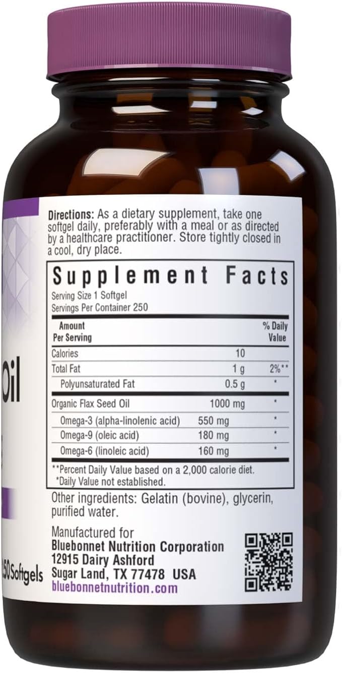 BlueBonnet Flax Seed Oil 1000 mg - Omega 3 6 9 Fatty Acids Heart Health & Skin Support for Women & Men - Cold-Pressed, Organic Flaxseed Oil Capsules - Non-GMO, Gluten-Free, Soy-Free - 250 Softgels