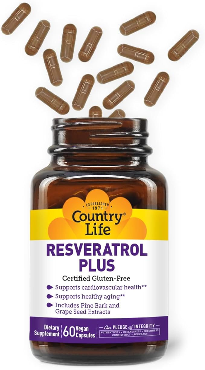 Country Life Resveratrol Plus 1000mg - Organic Antioxidant Supplement with Pine Bark & Grape Seed Extracts - Vegan, Gluten-Free, Non-GMO