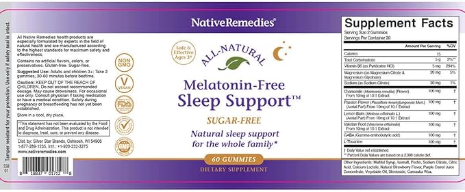 Native Remedies Melatonin-Free Sleep Gummies – Sugar-Free Herbal Formula with GABA, Magnesium, L-Theanine & Valerian – Sleep Aid Natural Support for Adults - 60 Calm Gummy Vitamins