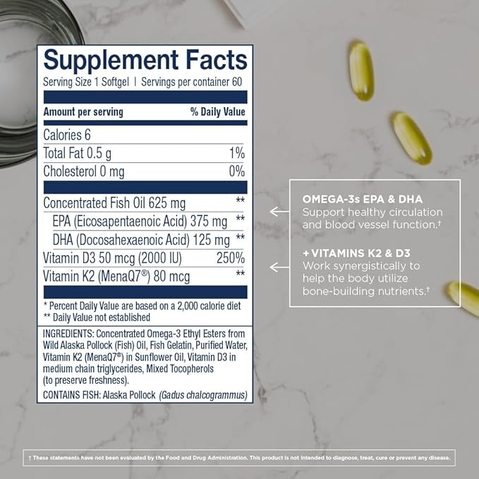 Wiley's Finest Wild Alaskan Fish Oil Vitamin K2 & D3 Softgels - 500mg of EPA and DHA Omega-3s for Bone and Heart Health Support - 60 Softgels (60 Servings)