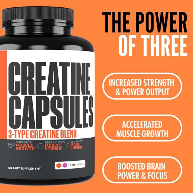 Creatine Capsules, 5g Premium 3X ThreeAtine Pre Workout Bulk Muscle Mass Gainer, High Absorption Easy to Take Creatine Monohydrate Pills Alternative Optimum Performance for Men Women, 180 Capsules