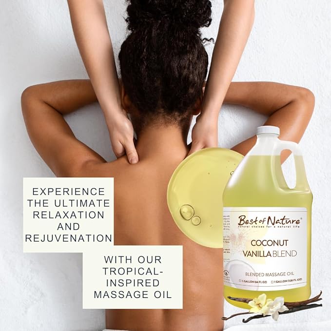 Best of Nature Coconut Vanilla Aromatherapy Massage Oil - Luxurious Blend with Coconut & Vanilla, Perfect for Spa Use, Relaxing Massage & Skin Hydration, Silky & Lightweight - 8 fl oz