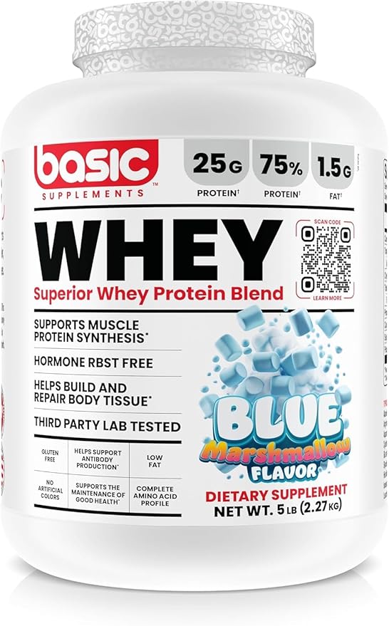 Whey Protein Powder, 25g Protein, Complete Amino Acid Profile, Gluten-Free, Low Fat, RBST-Free, Supports Muscle Recovery & Antibody Health (5 Pound, Blue Marshmallow)