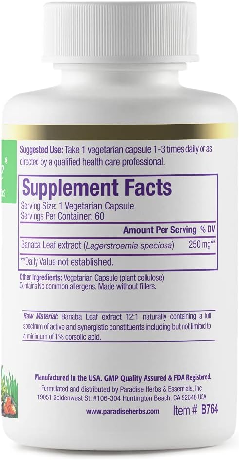 Paradise Herbs, Banaba Leaf, 12:1 Concentrated Extract, 250 mg, Vegan, Gluten-Free, Non-GMO, 60 Capsules